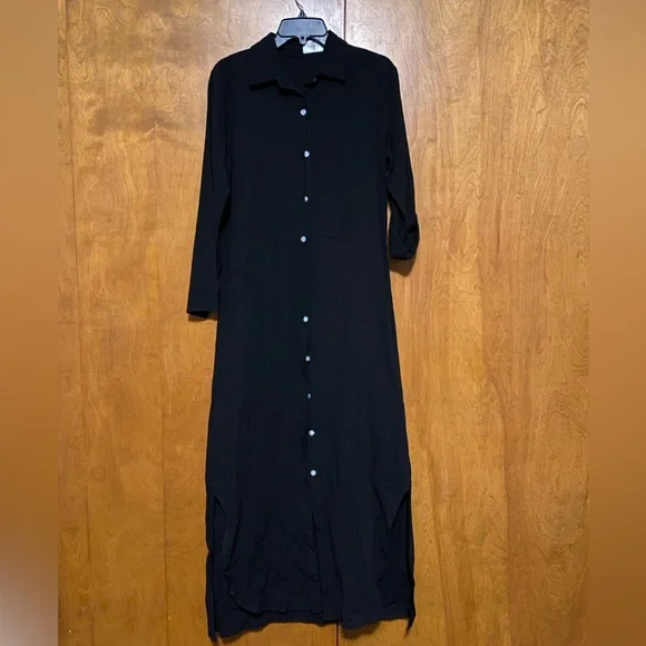 Long Sleeve Collard Button Down Shirt Dress Black With Side Slits Size Small - Picture 1 of 8